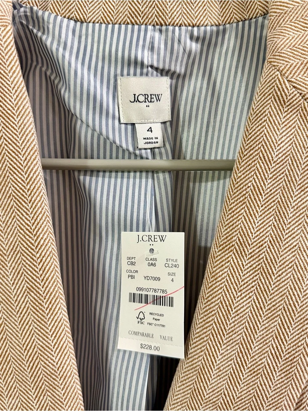 NWT J. Crew Women's Tan Herringbone Single-Button Blazer